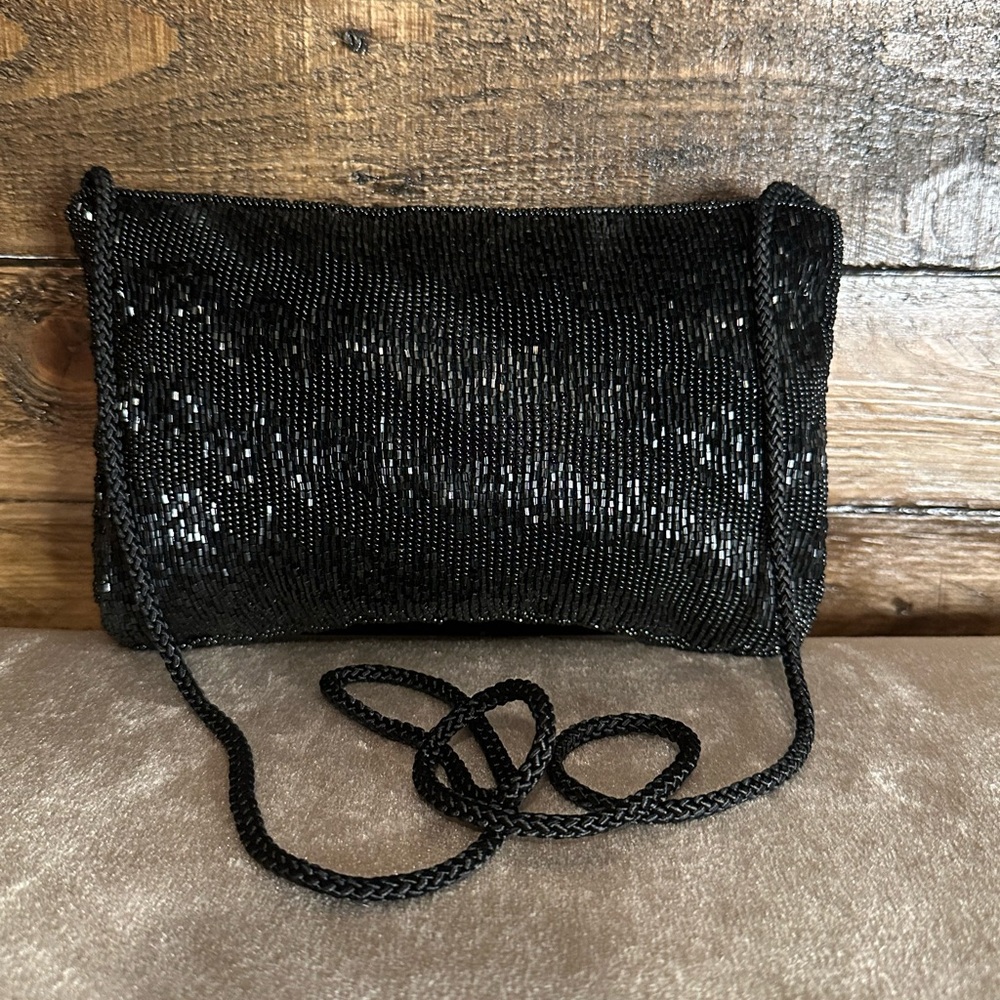 Vintage Lord & Taylor black beaded crossbody clutch bag